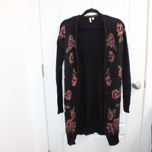 Frenchi Long Cardigan Medium Charcoal Open Floral Rose Boho Cozy Whimsigoth - Picture 1 of 3